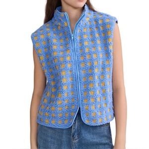 ATOFY Women's Fleece Gilet Vest Blue Yellow Checkered Sherpa Full Zip Size S NEW